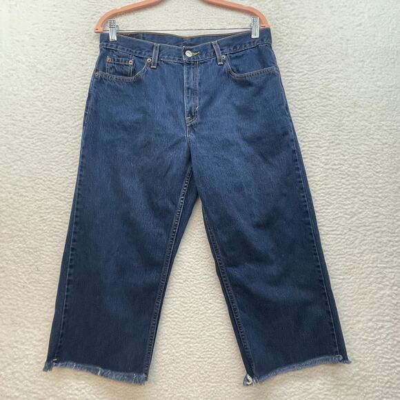 Levis 577 Jeans Womens 32 Medium Blue Loose Fit Lower Rise Crop Raw Hem Straight - Picture 1 of 11